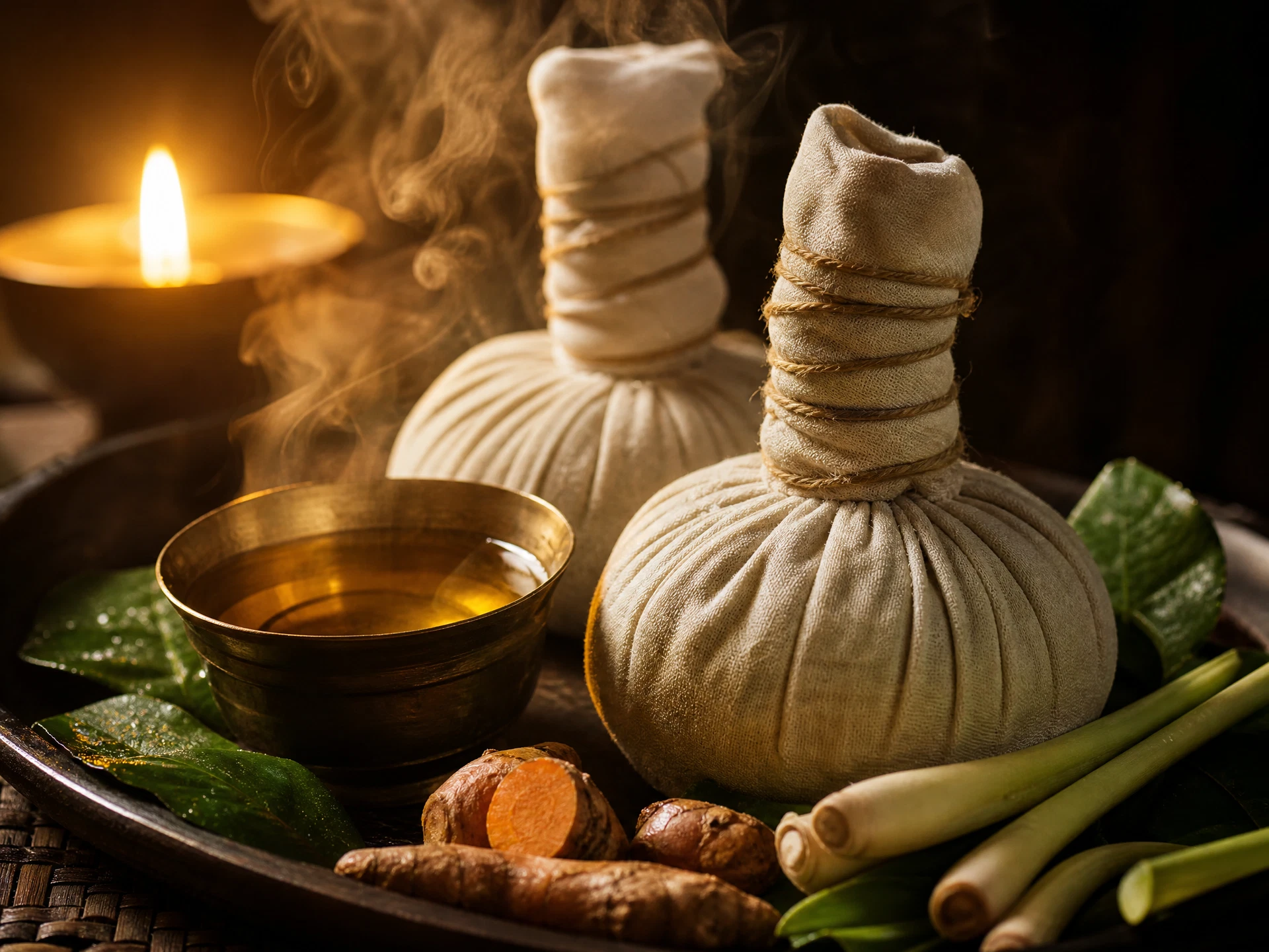 Steaming Thai herbal compress balls with lemongrass and massage oil